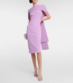 Kalika midi dress in purple - Safiyaa | Mytheresa Pre-draped Knee-length Evening Midi Dress, Pre-draped Midi Dress With Draped Sleeves For Gala, Fitted Knee-length Midi Dress With Draped Sleeves, Formal Pre-draped Knee-length Midi Dress, Formal Midi Dress With Cape Sleeves For Summer, Formal Summer Midi Dress With Cape Sleeves, Fitted Midi Dress With Draped Sleeves And Asymmetrical Neckline, Chic Cocktail Midi Dress With Cape Sleeves, Chic Draped Elastane Dress