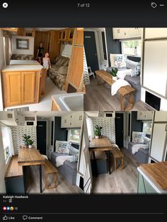 multiple pictures of the inside of a mobile home with furniture and kitchen area in it