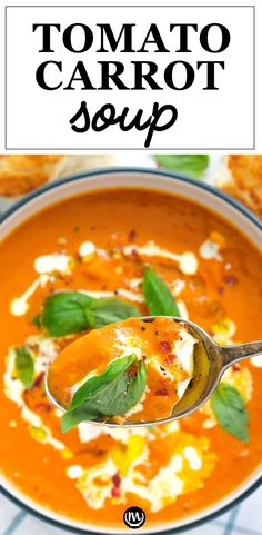 a spoon full of tomato carrot soup with basil leaves on top and the title above it