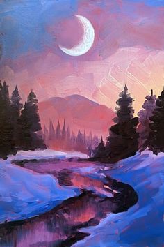 a blue and pink toned painting of a snowy landscape. A dark rive cuts through the snow in a winding s shape. there are mountains in the background infront of a sunset sky with a crescent moon in the center. pine trees are scattered around it. Bob Ross Landscape, Wonderland Painting, Bob Ross Art, Oil Pastel Landscape, Oil Painting On Wood, Bob Ross Paintings, Pastel Landscape, Pink Painting, Mountain Scene