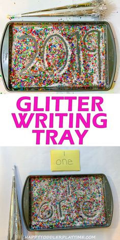 a tray filled with sprinkles and the words glitter writing tray on it