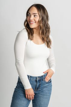 Long sleeve round neck bodysuit ivory - Cute bodysuit - Trendy Bodysuits at Lush Fashion Lounge Boutique in Oklahoma City Cute Bodysuits, Basic Bodysuit, White Bodysuit, Basic Long Sleeve, Women's Boutique, Oklahoma City, Ladies Boutique, Oklahoma, Snap Closure