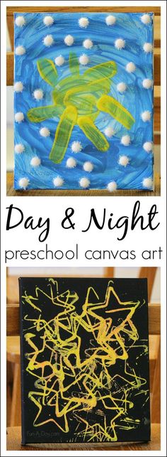 two pictures with the words, day and night preschool canvass art project on them