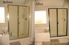 before and after pictures of a bathroom remodel with tub, shower, and sink