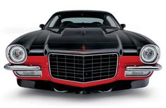 the front end of a black and red car