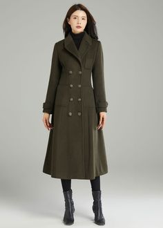 "Army green long size Wool Coat for women, wool military coat, women's winter coat. Perfect for cold weather and fall.This long wool coat is made of high quality fabric, soft and comfortable to wear, wearing warm in winter. You can choose the one you like and make it unique. ★★ FEATURES 50% wool, 50% fiber, nylon Polyester lining Two pockets Button closure Long sleeve wool coat Army green wool coat Wool Military coat Perfect for winter, autumn Dry clean ★★Mode size Height 170cm (5′ 7″) Bust 84 c Fitted Long Khaki Pea Coat, Khaki Long Wool Coat For Fall, Khaki Wool Coat For Work In Winter, Khaki Long Sleeve Wool Coat For Work, Green Long Coat With Double Button Closure, Green Long Outerwear For Workwear, Green Long Outerwear For Work, Green Long Pea Coat With Button Closure, Green Long Wool Coat For Winter