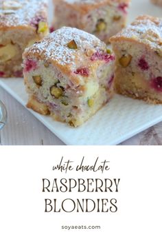 white chocolate raspberry blondies on a plate