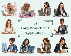 the lady boss clipart digital collection includes women working on laptops and talking on their phones