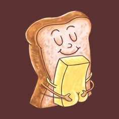 a drawing of a piece of bread with a smile on it's face and arms