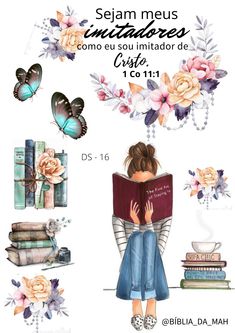 a girl reading a book surrounded by books and butterflies