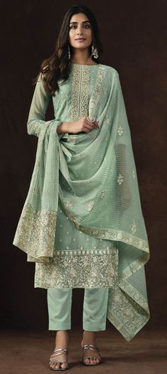 Green color Salwar Kameez in Organza Silk fabric with Embroidered, Thread, Zari work Mint Green Pants, Silk Pant Suit, Wedding Pants, Resham Embroidery, Mauve Wedding, Embroidered Pants, Utsav Fashion, Embroidered Wedding, Readymade Blouse