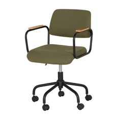 a green office chair with wheels and casteors on an isolated white background, front view