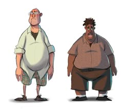 two cartoon characters standing side by side, one with glasses on his head and the other without