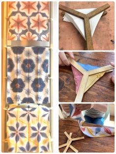 four different pictures showing how to make an origami cross with paper and glue