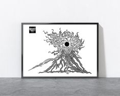 a black and white drawing of a tree with roots