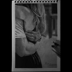 a pencil drawing of a woman's torso with her hand on her chest and the other arm around her waist