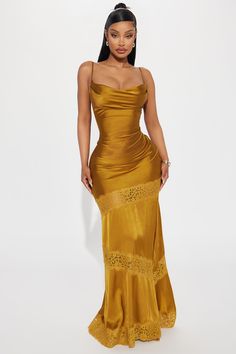 Available In Gold And Navy. Satin Maxi Dress Adjustable Spaghetti Straps Cowl Neckline Lace Cut Out Backless Stretch Self: 96% Polyester 4% Spandex Contrast: 70% Nylon 30% Cotton Imported | Inside Out Satin Maxi Dress in Gold size Small by Fashion Nova Backless Gold Dress, 21st Birthday Dresses, Yellow Formal Dresses, Quinceanera Guest Dresses, Wedding Outfits Guest, Classy Photoshoot, Birthday Looks, Backless Outfits, Wedding Guest Dress Ideas