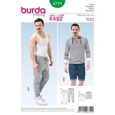 a man in striped shirt and sweatpants is shown with the sewing pattern on his chest