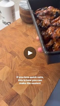 someone is holding a container with food in it on the counter top that says if you love quick eats, this is how you can make them delicious