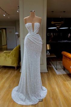 Plunging V-neck Sparkle White Sequined Strapless Prom Dress-Ballbella Cheap Prom Dresses Long, Strapless Prom Dress, Sequin Prom Dress, Prom Dresses Online, Mermaid Prom Dresses, Express Dresses, Formal Evening Dresses, Custom Dresses, Evening Dresses Prom