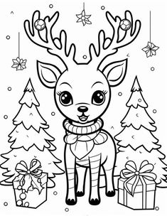 rudolph the reindeer with presents in front of christmas trees coloring page for kids and adults