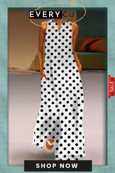 V-neck Casual Sleeveless Polka-dot Floor-length Dress Polka Dot V-neck Maxi Dress For Summer, Sleeveless Polka Dot Maxi Dress For Summer, Sleeveless Maxi Dress With Polka Dots For Summer, Polka Dot Sleeveless Maxi Dress For Vacation, Sleeveless Polka Dot Maxi Dress For Vacation, Casual Polka Dot V-neck Dress, Casual V-neck Polka Dot Dress, Sleeveless Polka Dot Dress For Vacation, Casual Polka Dot Maxi Dress For Vacation