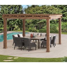 an outdoor dining area next to a swimming pool with chairs and tables around the table