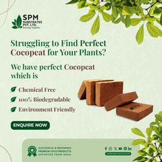 an ad for spam with two bricks and leaves on the side, which reads struggling to find perfect cocopeat for your plants? we have perfect co - oppaat which is