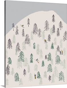 an illustration of people skiing in the snow with evergreen trees and mountains behind them on a white background