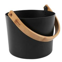 an empty black bucket with wooden handles