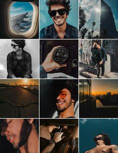 the collage shows many different pictures with one man smiling and another looking at his cell phone