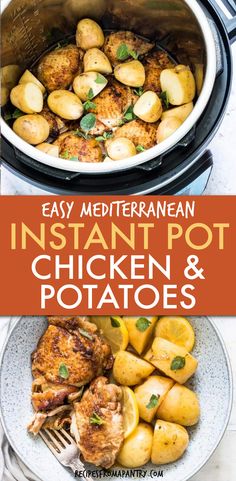 an instant pot chicken and potatoes recipe with text overlay