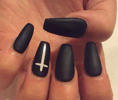 Black Nails With Cross, Nails With Cross, Black Gold Nails, Black Halloween Nails, Cross Nails, Matte Black Nails, Nails Matte, Goth Nails, Simple Acrylic Nails