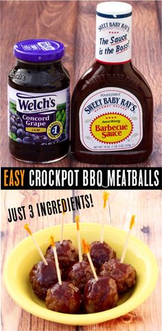 the ingredients for crock pot bbq meatballs are shown in this collage