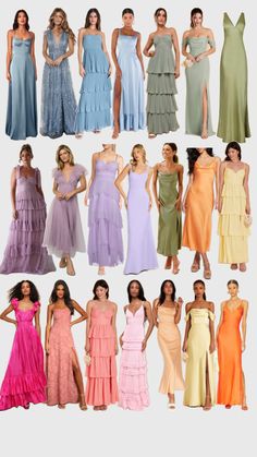 many different dresses are shown in multiple colors