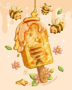 an ice cream sundae with honeycombs and bees