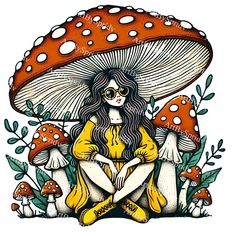 a drawing of a woman sitting in front of mushrooms