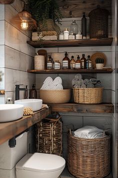 a bathroom with wooden shelves and baskets on the wall next to the toilet, sink and mirror