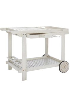 a white table with wheels on it