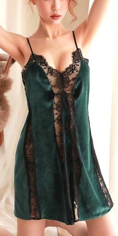 $24.90 - Sexy Dark Green And Black Short Nightgown Mini Length with black floral lace. This luxury nightwear nightie will make your irresistible. Romantic seductive aesthetic nightdress for elegant ladies and luxurious women.  Follow us for more sleepwear ideas. Night Gown Dress, Nightwear Dress, Luxury Nightwear, Elegant Ladies, Lingerie Outfits, Pencil Skirt Black, Women Nightwear, Pretty Lingerie, Dress With Lace