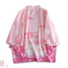 This pink kimono cardigan features a sweet deer couple on the front and back, designed with sakura on the sleeves. It creates an individual look, playful and elegant at the same time. Deer Couple, Gilet Kimono, Pink Kimono, Cardigan Kimono, Coat Vintage, Japanese Streetwear, Cardigan Shirt, Japanese Outfits