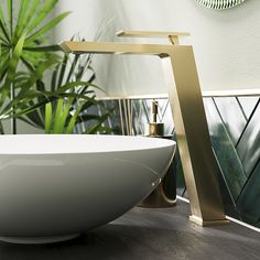 a bathroom sink with a gold faucet next to a white bathtub and green plants