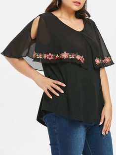 Plus Size V Neck Flower Embroidered T-shirt - Black - 3470301117 - Women's Clothing, Plus Size Women's Clothing  #PlusSizeWomensClothing #Women's #Clothing # #Plus #Size #Women's #Clothing Neck Flower, Silk Robe, Fashion Plus Size, Trendy Plus Size Clothing, Plus Size Womens Clothing, Embroidered Tshirt, Fashion Seasons, Print Tunic, Plus Size Blouses