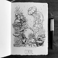 Stippling Ink Drawing Ink Ocean Drawing, Ink Fantasy Art, Drawings Of Coral, Ocean Bottom Drawing, Underwater Pen Drawing, Sea Bottom Drawing, Bottom Of The Sea Drawing, Coral Art Drawing, Ocean Ink Drawing