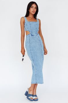 Kainani Cut-Out Waist Midi Dress Denim Blue by Selfie Leslie Chic Denim Midi Dress, Denim Blue Midi Length Denim Dress, Chic Medium Wash Midi Dress, Chic Denim Blue Midi Denim Dress, Chic Medium Wash Mid-length Midi Dress, Square Neck Medium Wash Denim Dress For Summer, Chic Denim Midi Dress For Day Out, Spring Denim Midi Dress For Date Night, Square Neck Denim Summer Dress