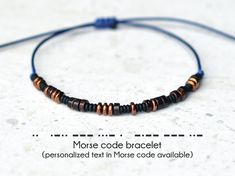 This listing is for ONE Morse code bracelet with a hidden suggested message or personalized text. Each bead represents a dot or a dash - copper color hematite bead  - dot, dark brown coconut bead - dash. ► DETAILS - Materials: 3x4mm dark brown coconut beads, 2x4mm hematite beads, 1x3mm Japanese TOHO glass seed beads, 1mm blue color waxed nylon cord. - Size: adjustable. Bracelet opens up to approx 11 inches (28cm) with sliding knot. If you need a different size or any adjustment, please contact m Christmas Gifts Best Friend, Gifts For Boyfriend Christmas, Boyfriend Christmas Gifts, Bracelet Morse Code, Anniversary Gifts For Boyfriend, Code Morse, Mens Bracelet Personalized, Gifts Best Friend, Boyfriend Christmas