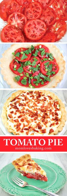 tomato pie with cheese and spinach on top is shown in three different pictures, including the