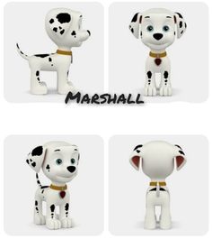 four different pictures of a dalmatian dog with the words marshall written on it