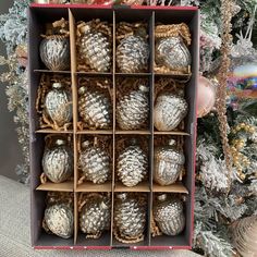 a box filled with lots of different types of pineconis in front of a christmas tree