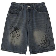 Looking to rock a bold and confident look? Why not try these extraordinary Spider Web Print Denim Shorts? These shorts effortlessly elevate your outfit and allow you to showcase your unique personality. Material: Crafted from a premium blend of 78% cotton, 12% regenerated cellulose, and 10% polyester fibers, these shor Punk Style Streetwear Bottoms For Summer, Punk Style Summer Streetwear Bottoms, Summer Punk Streetwear Bottoms, Punk Style Cotton Shorts For Spring, Punk Style High Waist Cotton Shorts, Punk Style High Waist Shorts With Pockets, Punk High Waist Cotton Shorts, Punk High Waist Shorts With Pockets, Short Grunge Shorts For Streetwear